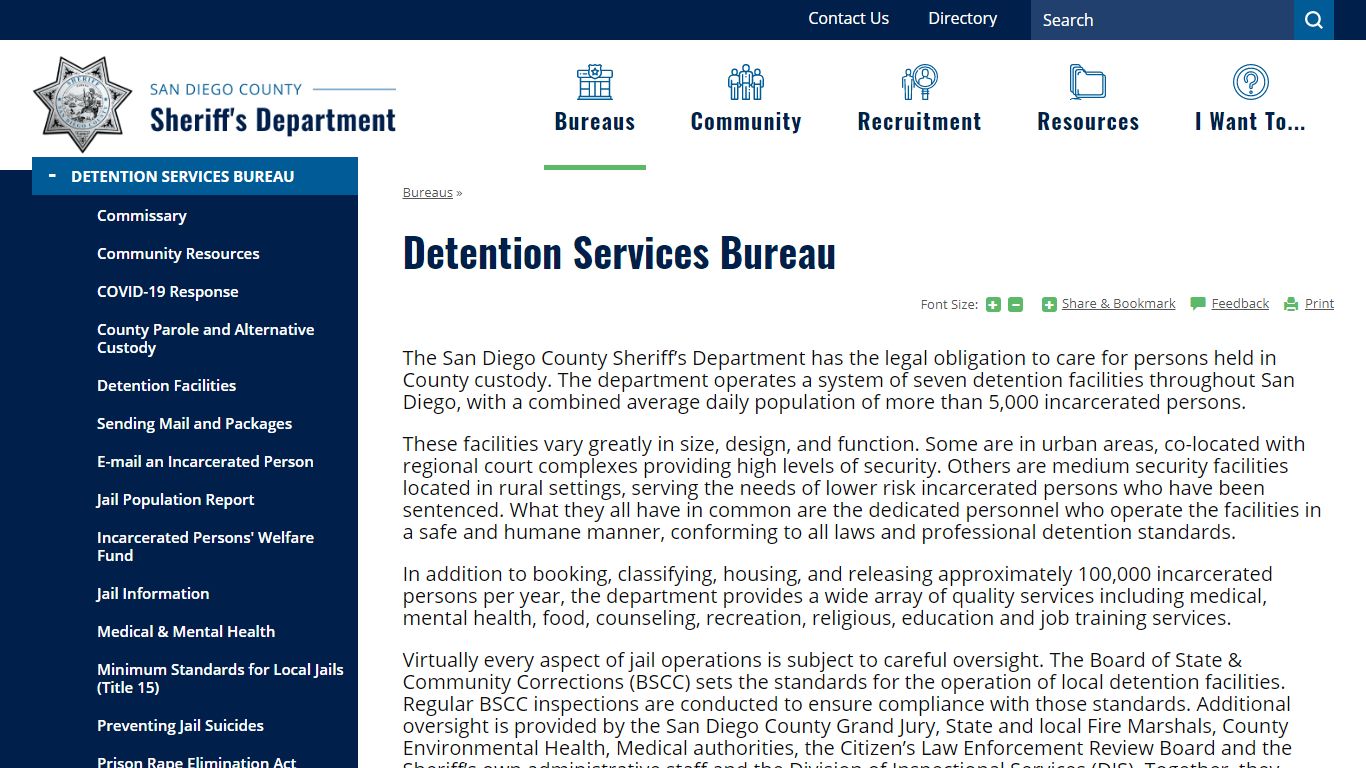 Detention Services Bureau | San Diego County Sheriff