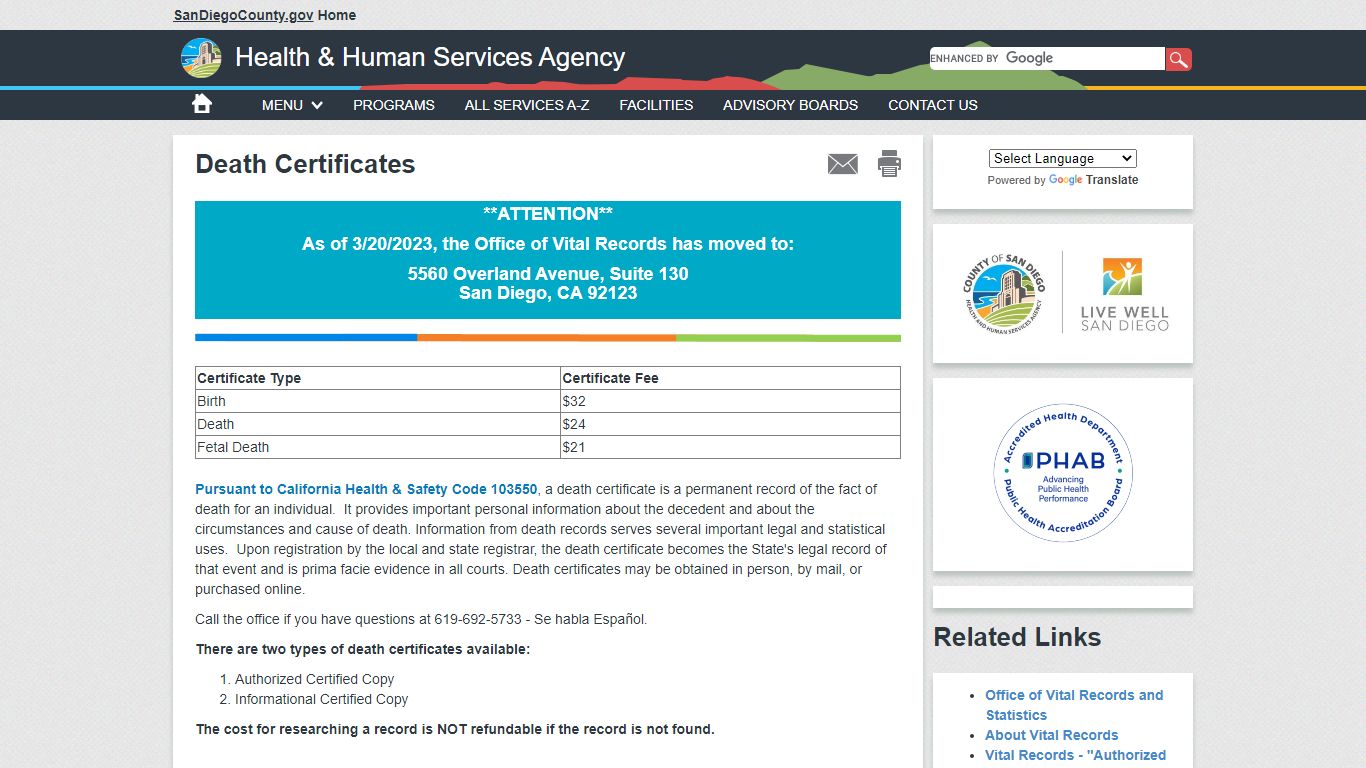 Death Certificates - SanDiegoCounty.gov